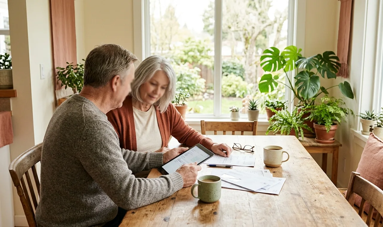 A couple reviewing retirement paperwork together at home